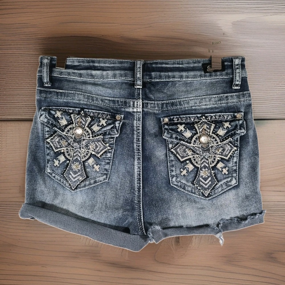 Y2k Earl Jeans Embellished Cross Rhinestone Cutoff Denim Shorts Womens 10